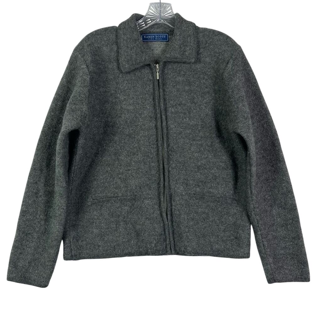 Karen Scott Jacket Womens Medium Gray Zip Up 100% Pure Wool